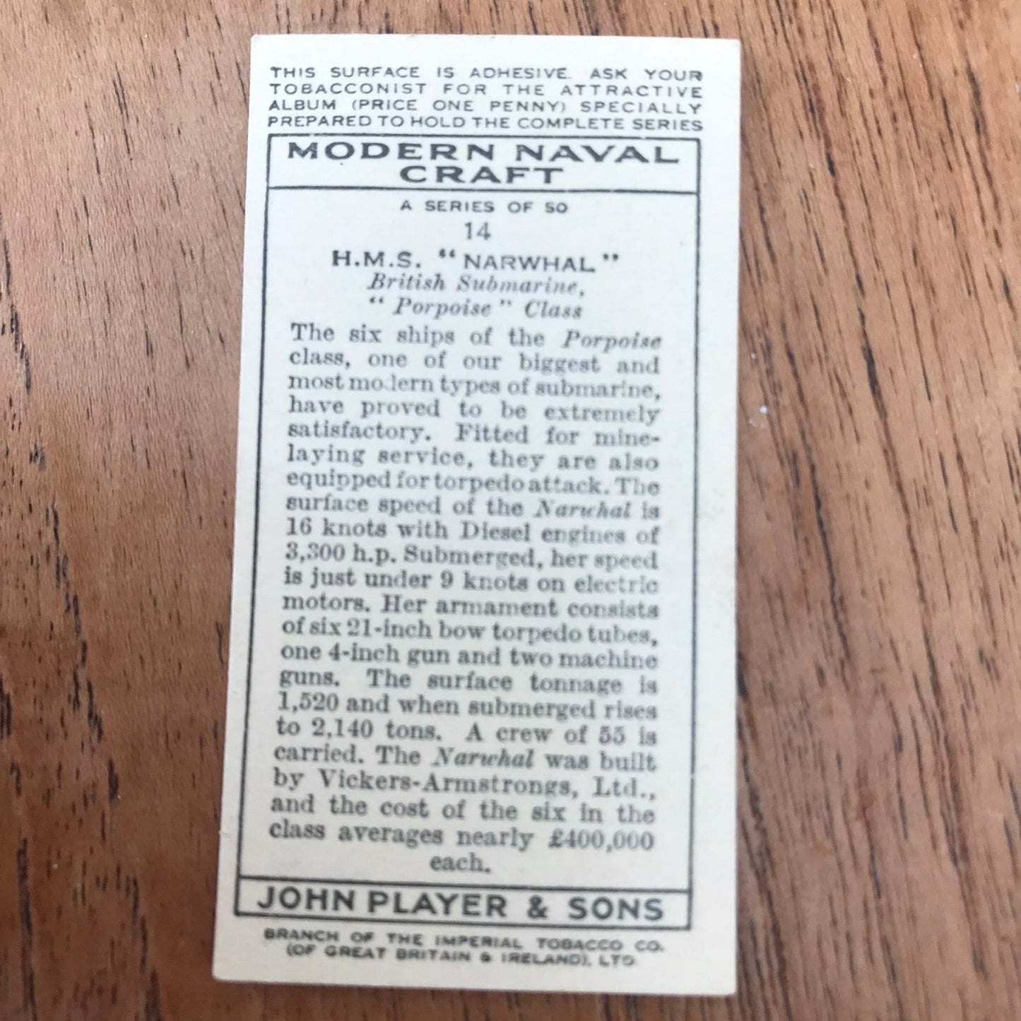 Modern Naval Craft. Players Cigarette Cards. 1939. Sold individually - take your pick. 1930s navy memorabilia.