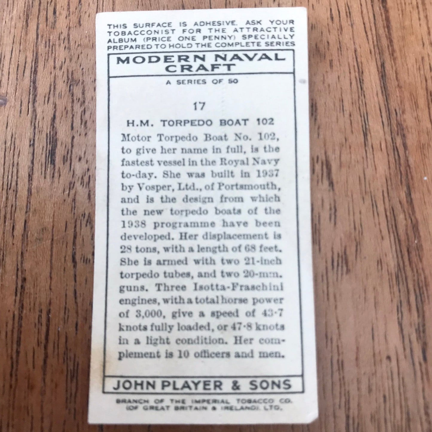 Modern Naval Craft. Players Cigarette Cards. 1939. Sold individually - take your pick. 1930s navy memorabilia.