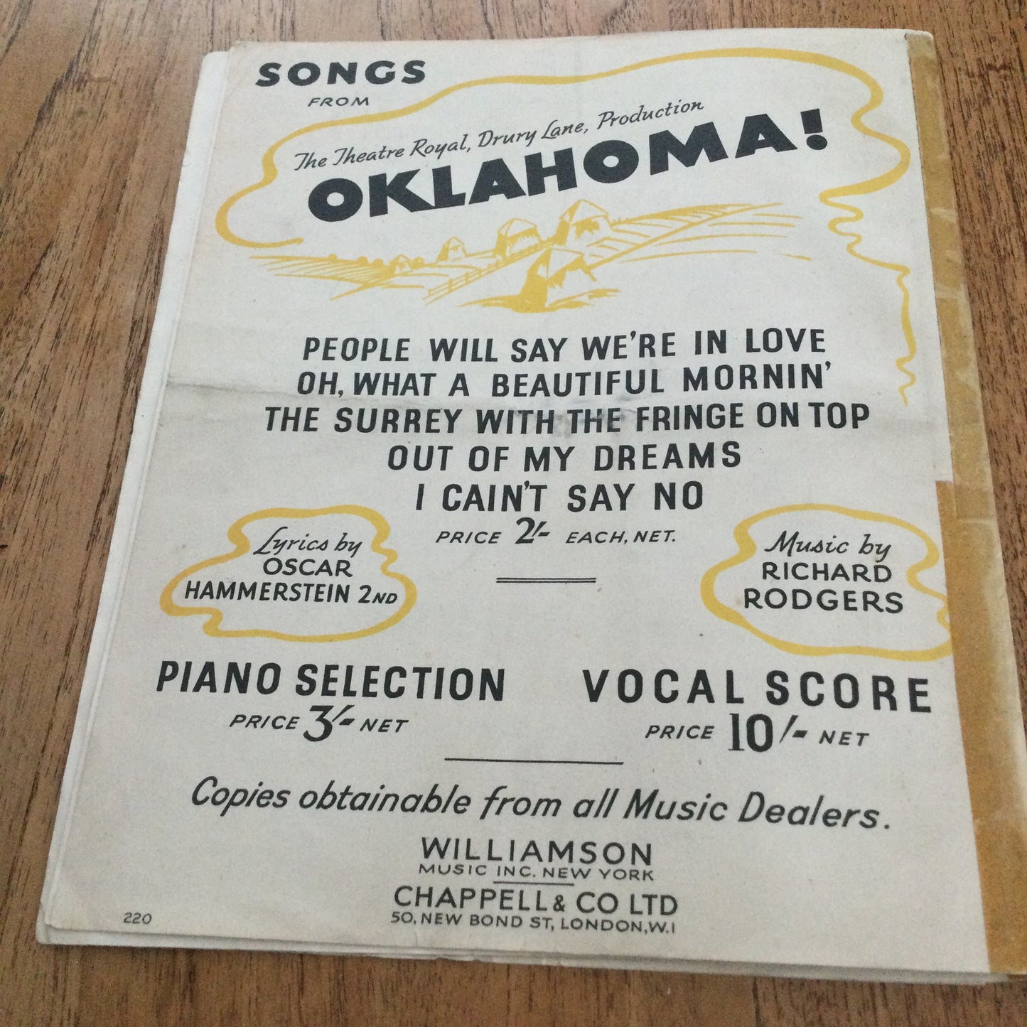 Vintage Sheet Music Piano Selection 'Oklahoma!' Rodgers and Hammerstein 1947 Williamson Music Inc Movie Memorabilia