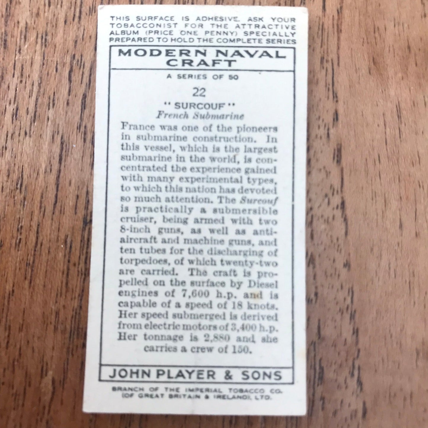 Modern Naval Craft. Players Cigarette Cards. 1939. Sold individually - take your pick. 1930s navy memorabilia.