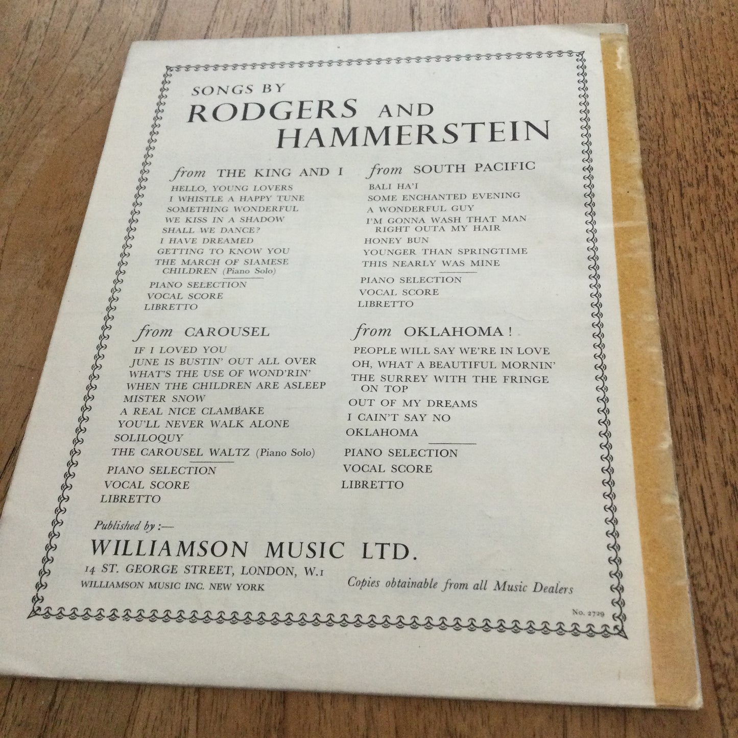 Vintage Sheet Music Piano Selection 'The King And I' Rodgers and Hammerstein 1951 Williamson Music Inc. Movie Memorabila