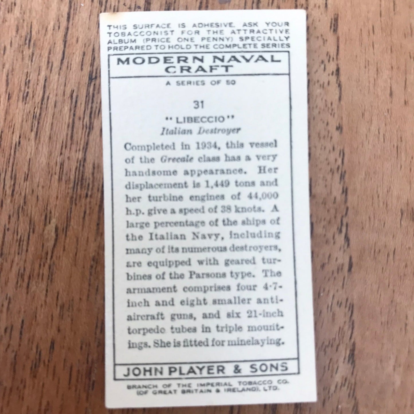 Modern Naval Craft. Players Cigarette Cards. 1939. Sold individually - take your pick. 1930s navy memorabilia.