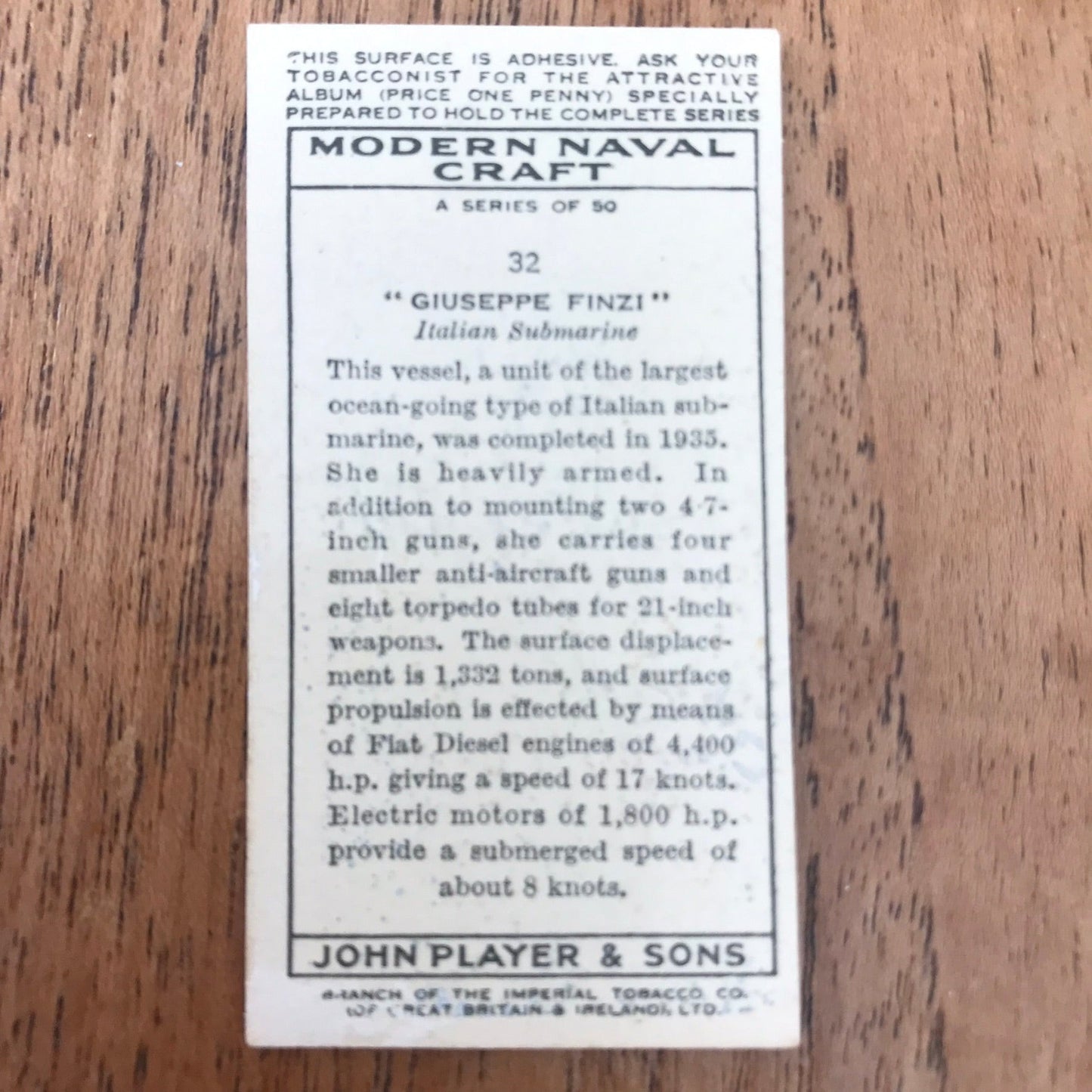 Modern Naval Craft. Players Cigarette Cards. 1939. Sold individually - take your pick. 1930s navy memorabilia.