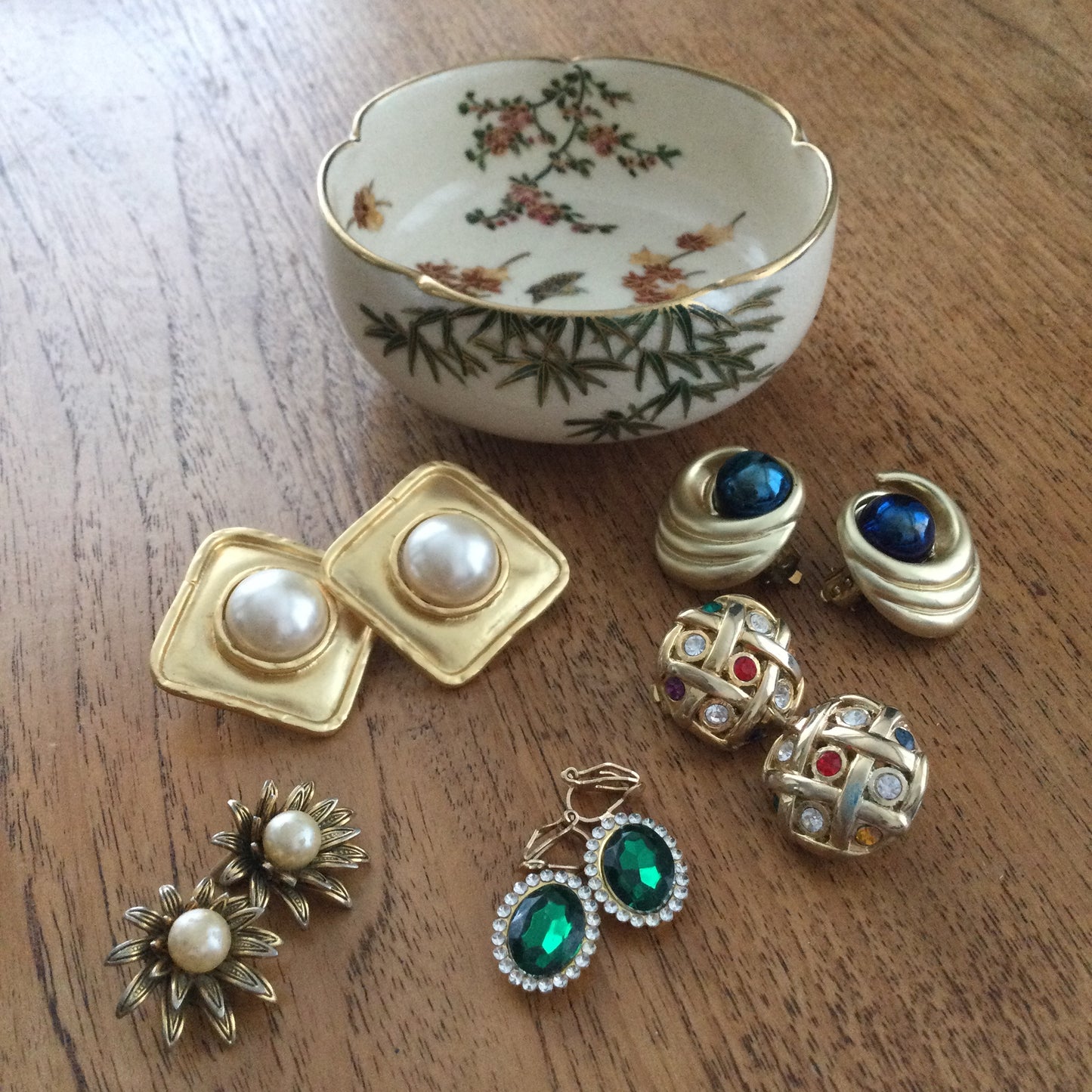 Large Statement Clip On Button Earrings. Gold Coloured With Multicoloured Rhinestones. Party