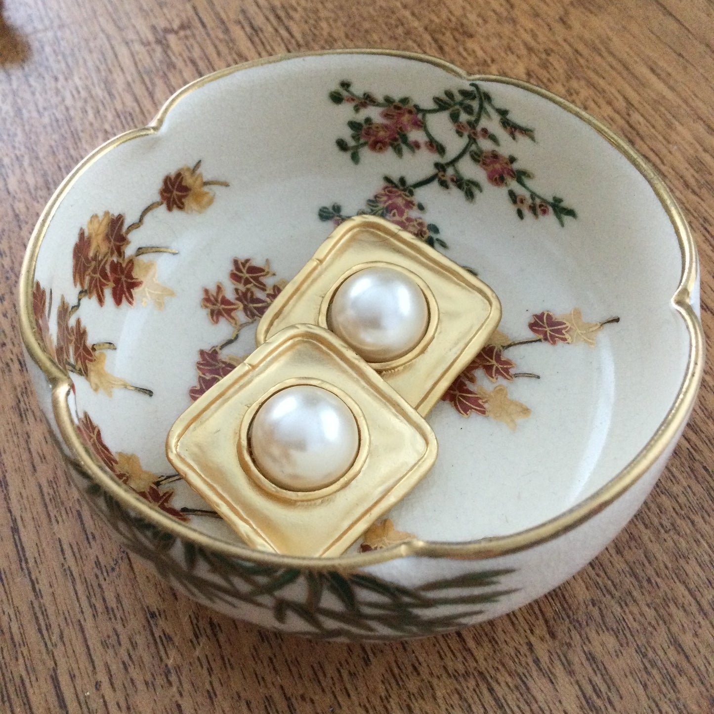 Large Statement Clip On Earrings. Gold Coloured With Simulated Pearl Stud. 80s Style. Square.