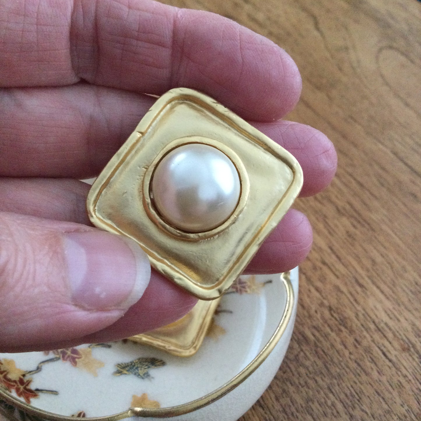 Large Statement Clip On Earrings. Gold Coloured With Simulated Pearl Stud. 80s Style. Square.