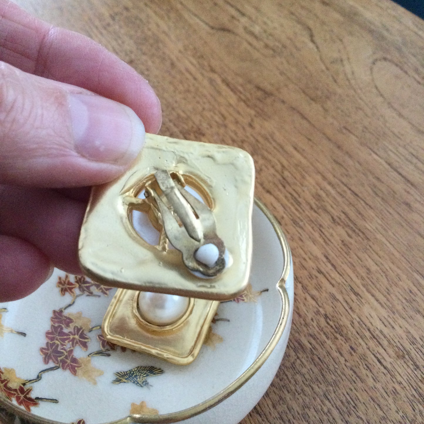 Large Statement Clip On Earrings. Gold Coloured With Simulated Pearl Stud. 80s Style. Square.