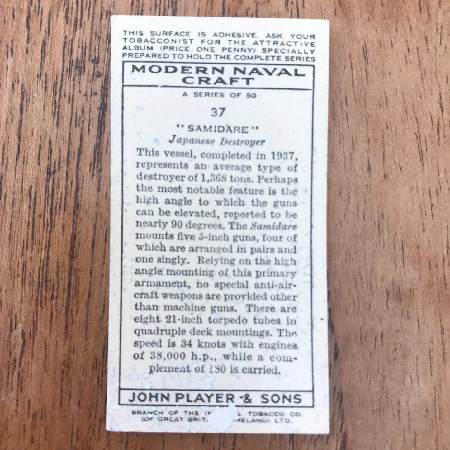 Modern Naval Craft. Players Cigarette Cards. 1939. Sold individually - take your pick. 1930s navy memorabilia.