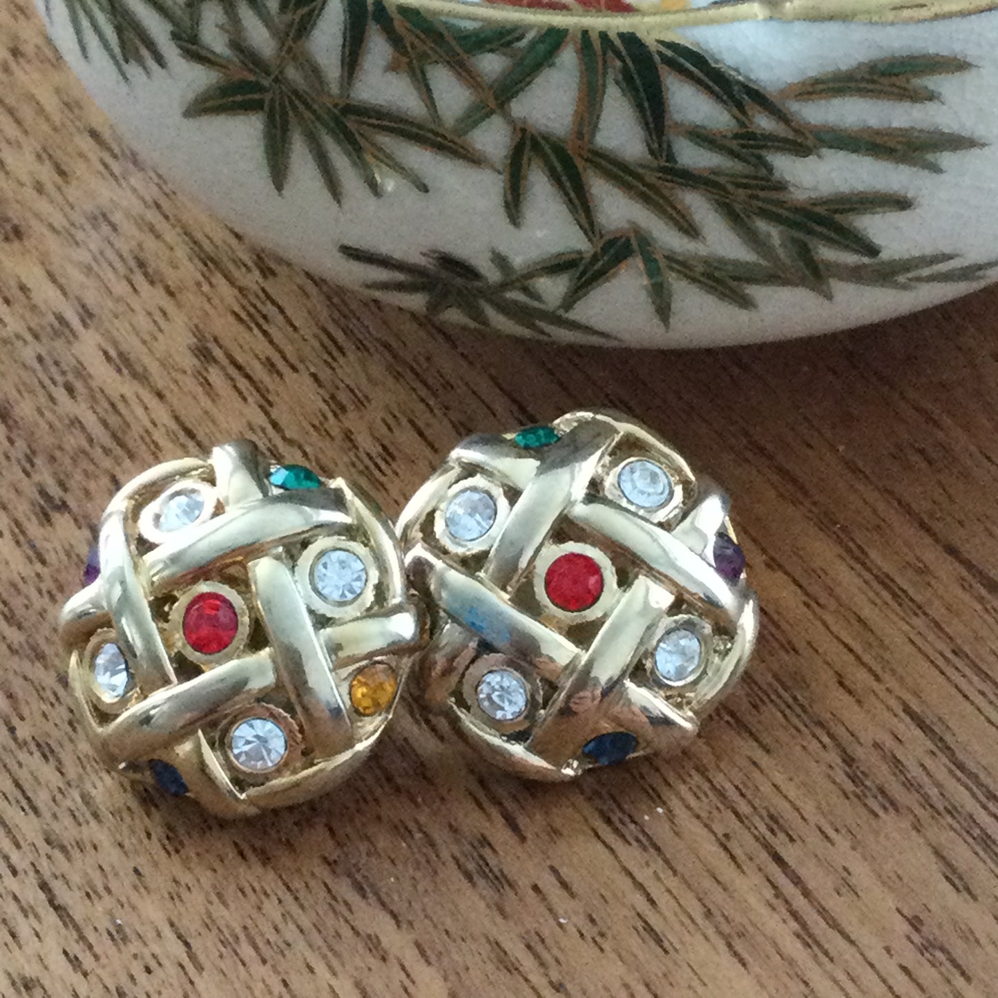Large Statement Clip On Button Earrings. Gold Coloured With Multicoloured Rhinestones. Party