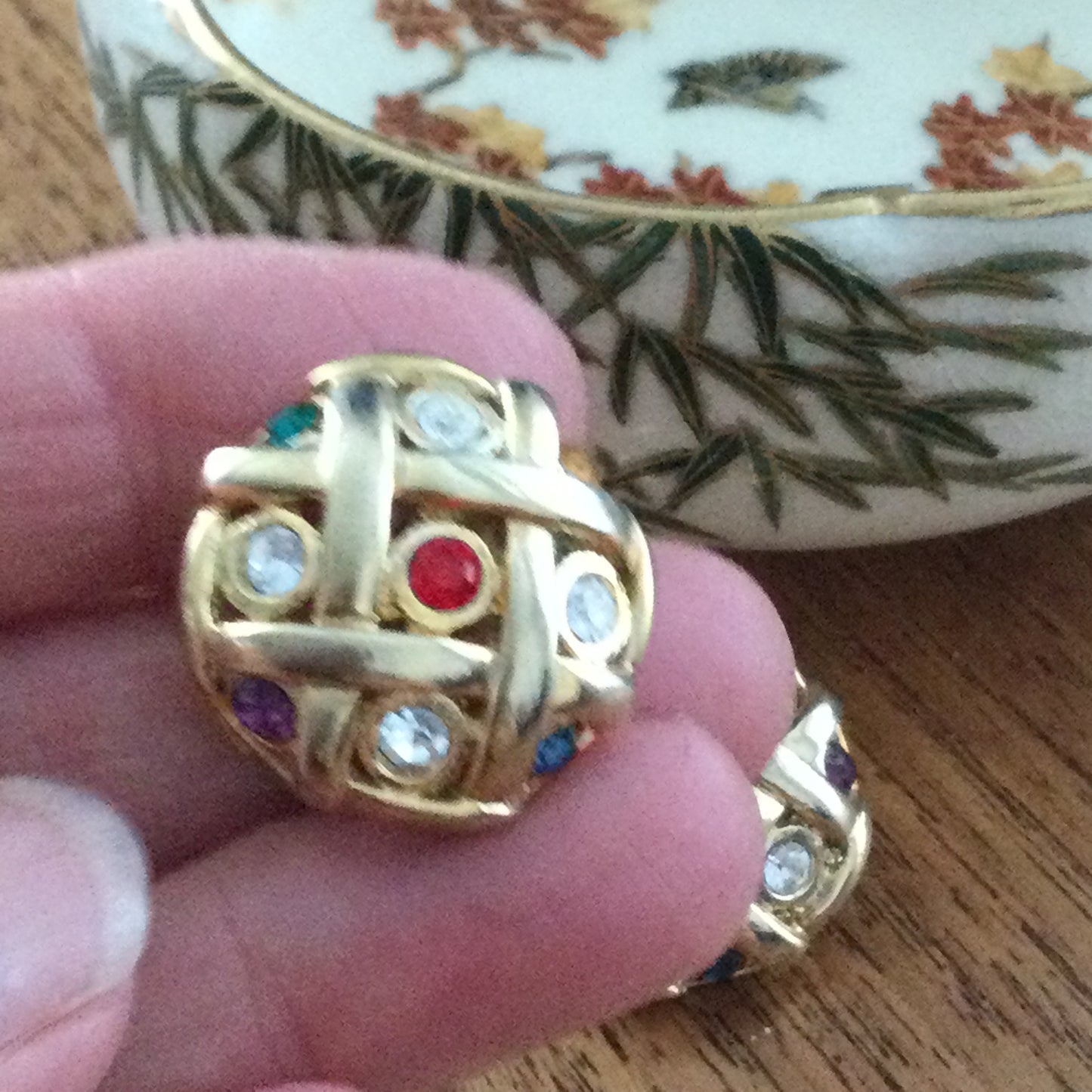 Large Statement Clip On Button Earrings. Gold Coloured With Multicoloured Rhinestones. Party