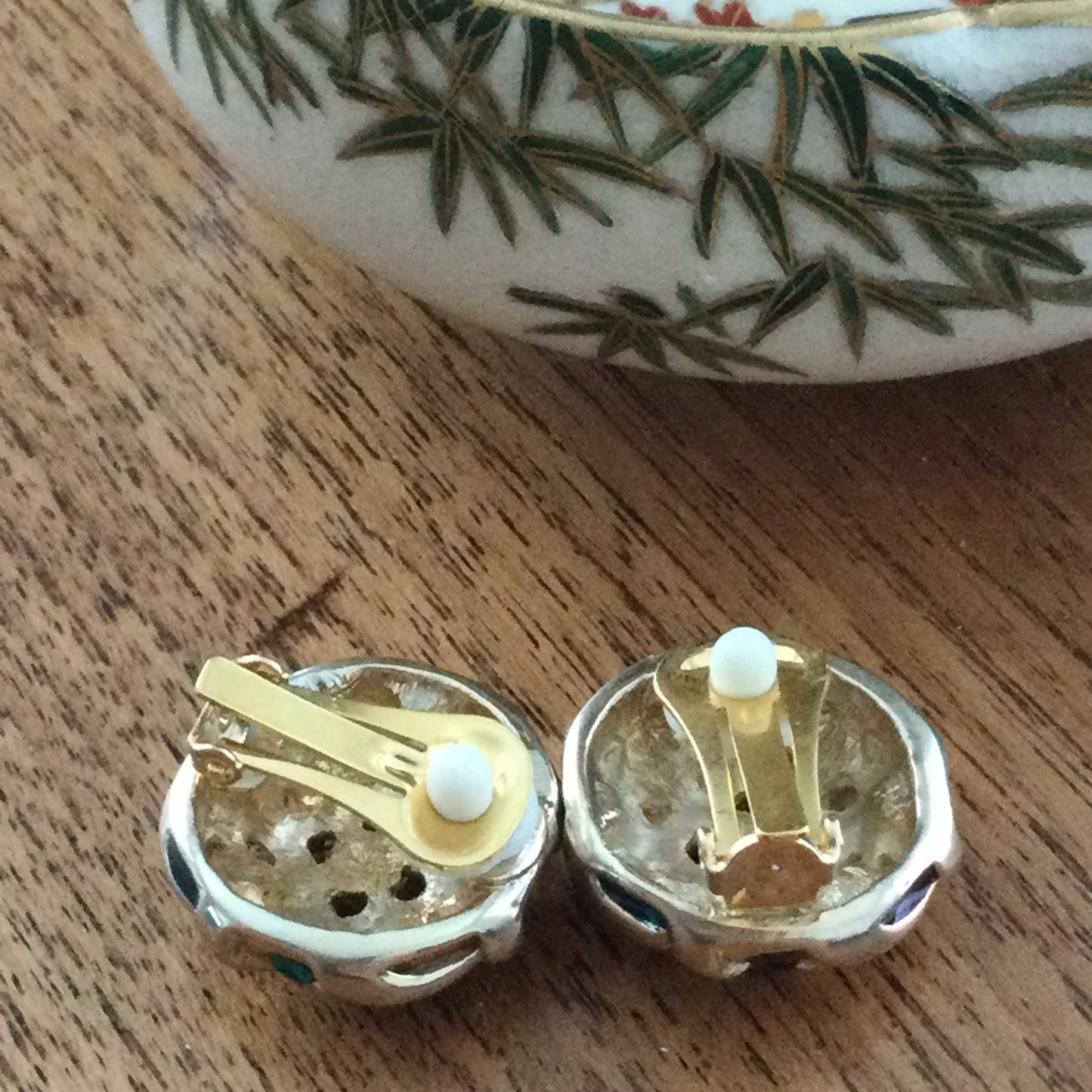 Large Statement Clip On Button Earrings. Gold Coloured With Multicoloured Rhinestones. Party