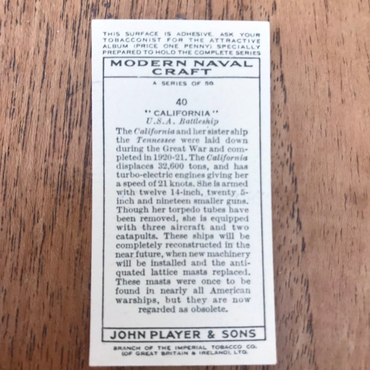 Modern Naval Craft. Players Cigarette Cards. 1939. Sold individually - take your pick. 1930s navy memorabilia.