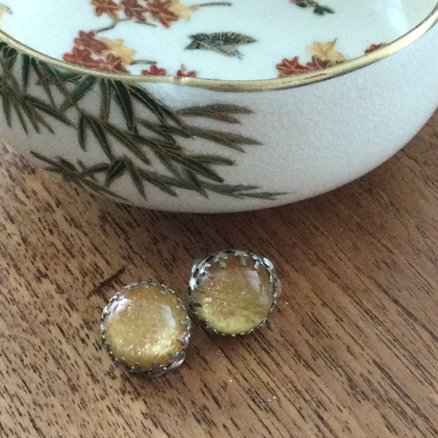Vintage Clip On Gold Colour Button Stud Earrings. Glittery Dark Yellow Cabuchon Glass Stone