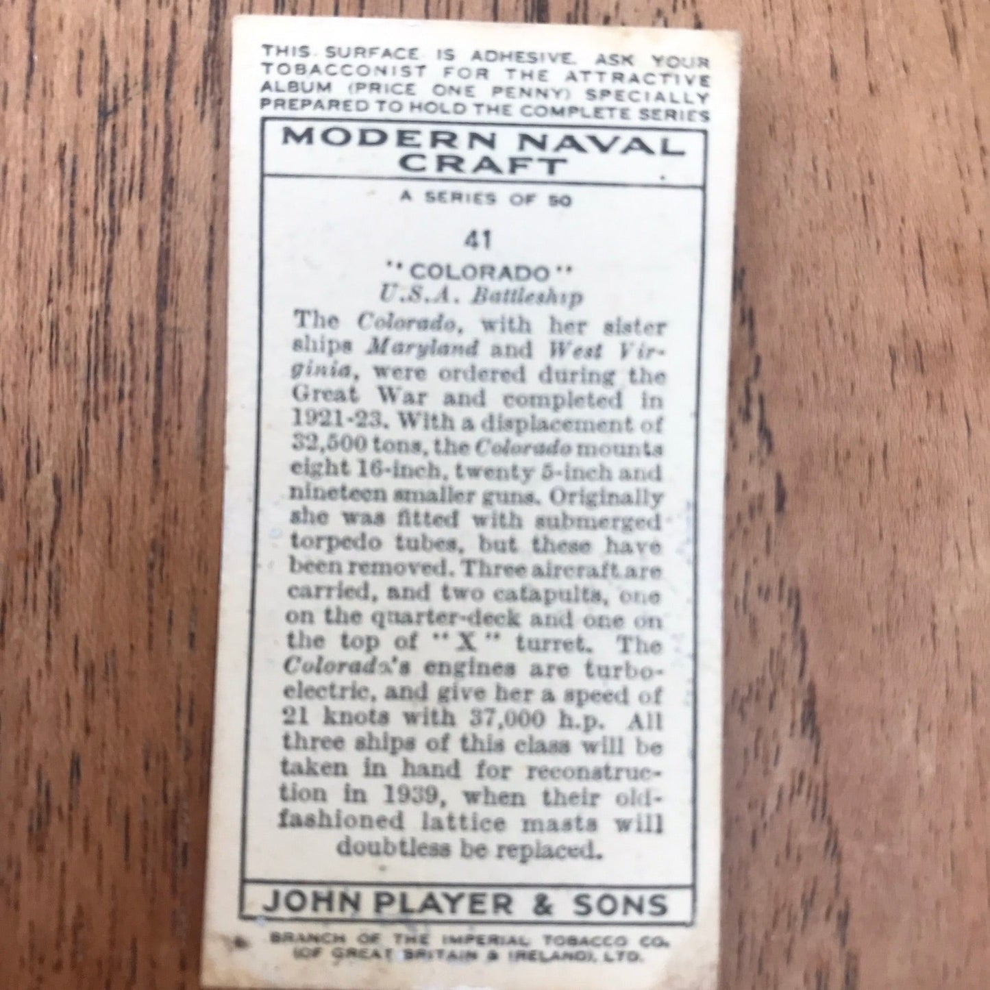 Modern Naval Craft. Players Cigarette Cards. 1939. Sold individually - take your pick. 1930s navy memorabilia.