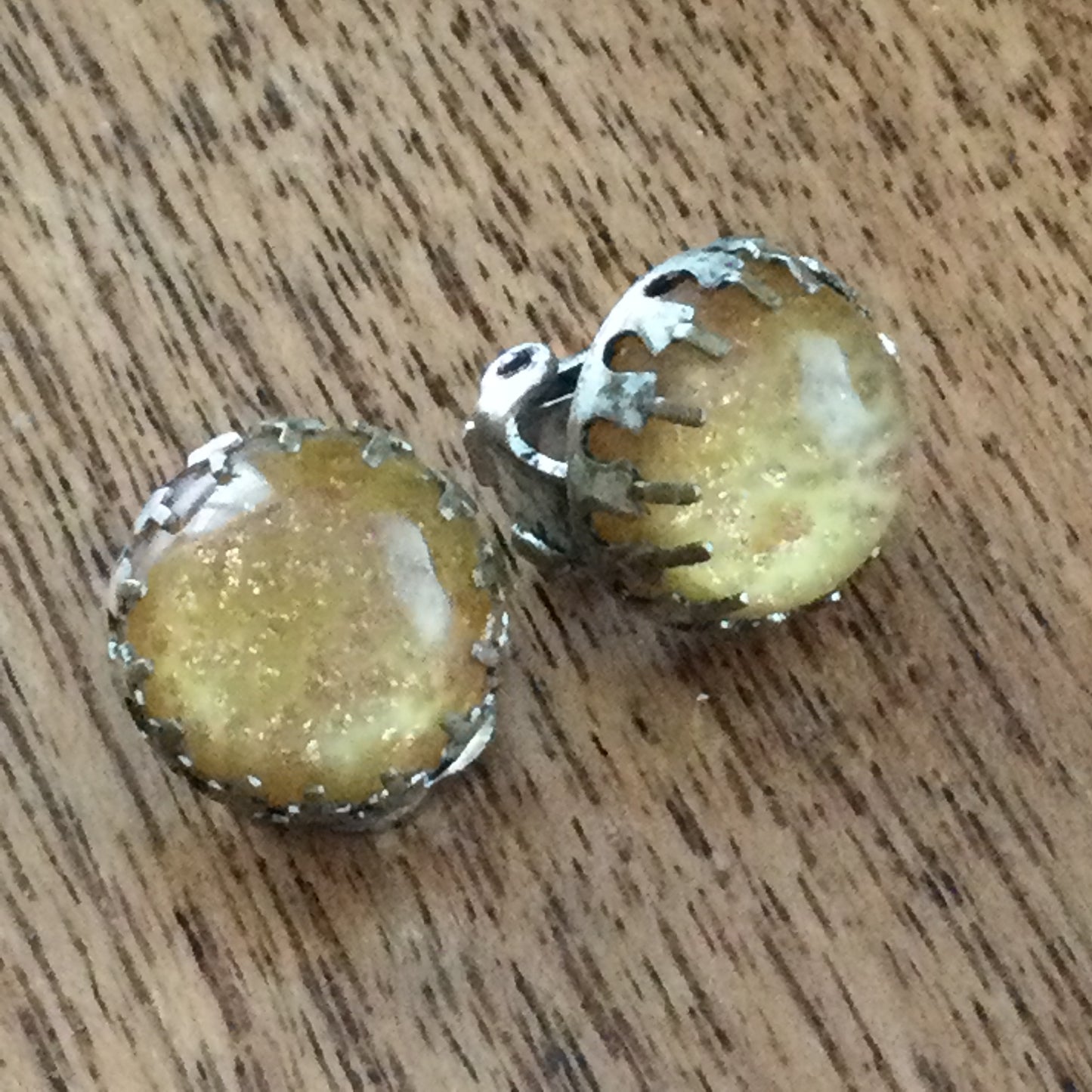 Vintage Clip On Gold Colour Button Stud Earrings. Glittery Dark Yellow Cabuchon Glass Stone