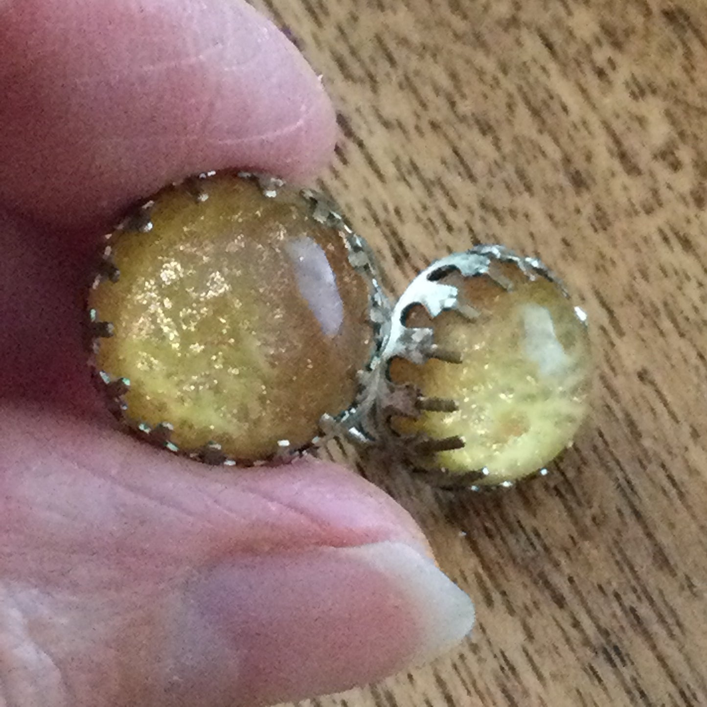 Vintage Clip On Gold Colour Button Stud Earrings. Glittery Dark Yellow Cabuchon Glass Stone