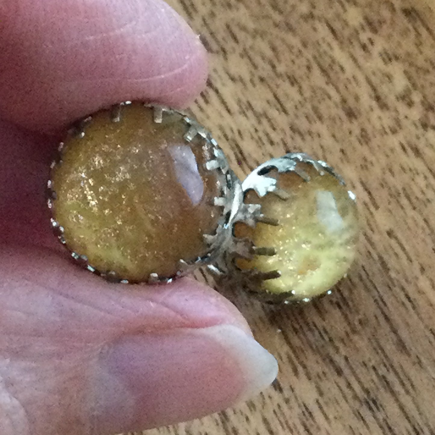 Vintage Clip On Gold Colour Button Stud Earrings. Glittery Dark Yellow Cabuchon Glass Stone