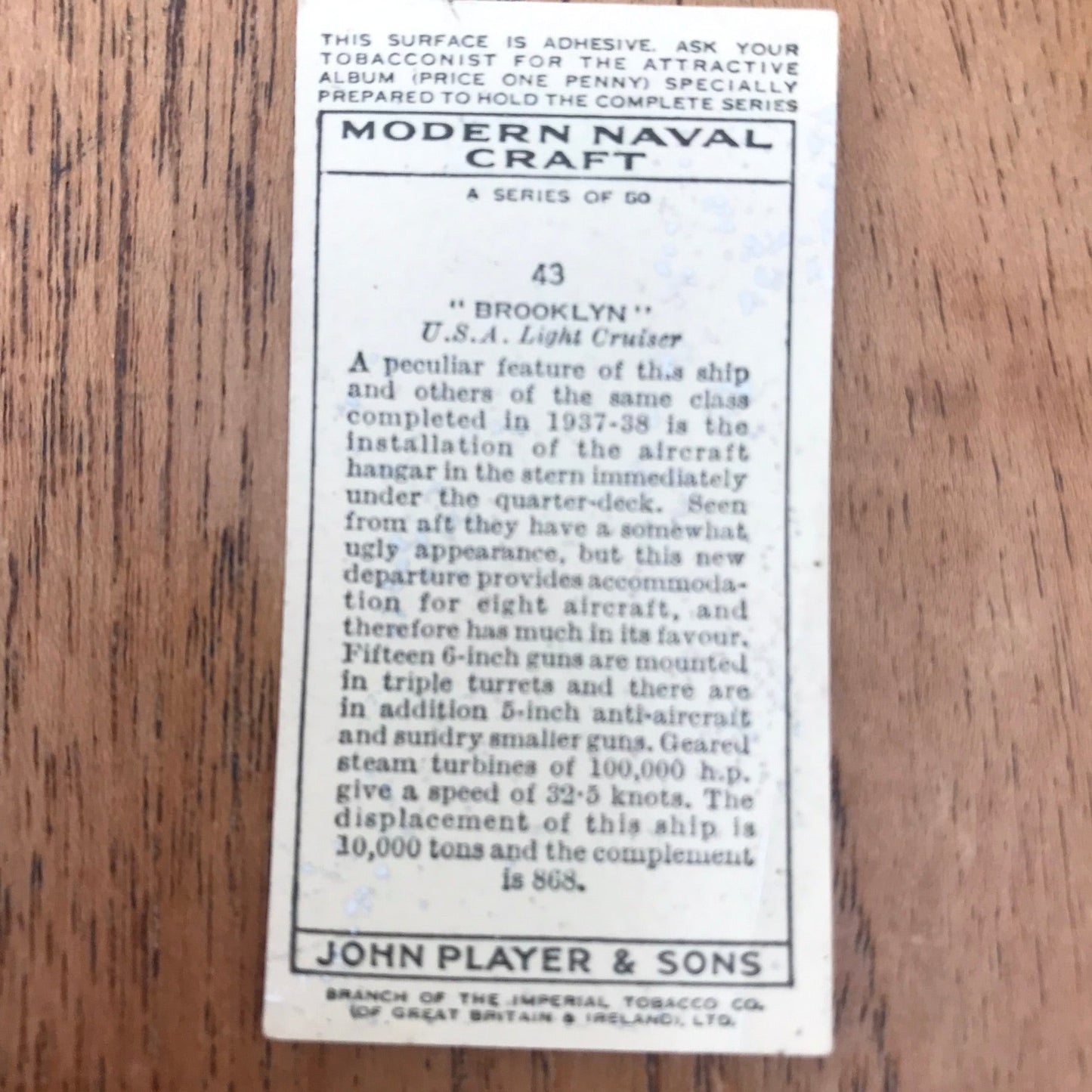 Modern Naval Craft. Players Cigarette Cards. 1939. Sold individually - take your pick. 1930s navy memorabilia.