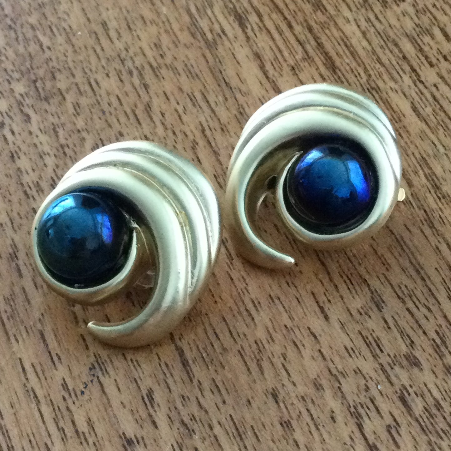 Large Statement Clip On Earrings. Gold Coloured With Dark Blue Stone. Stud. 80s Style Blingy