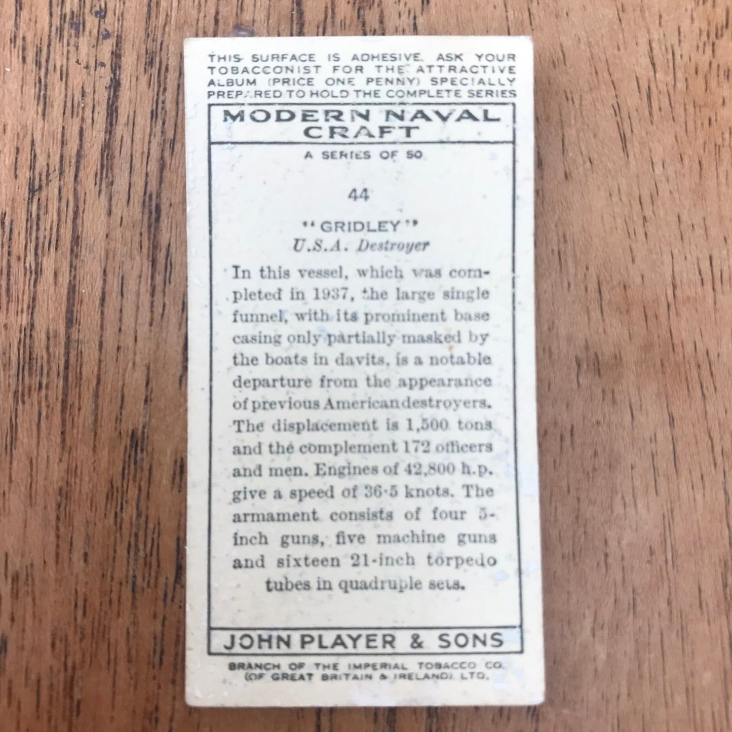 Modern Naval Craft. Players Cigarette Cards. 1939. Sold individually - take your pick. 1930s navy memorabilia.