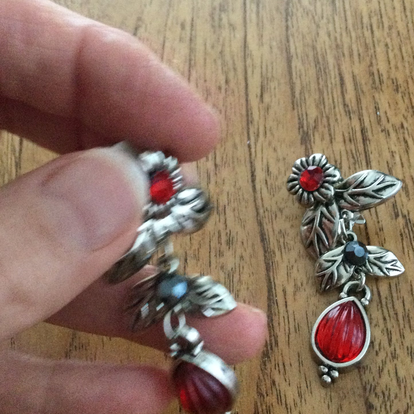 Statement Clip On Dangly Earrings. Silver Coloured With Red Stones. Party. Flower & Leaf Design