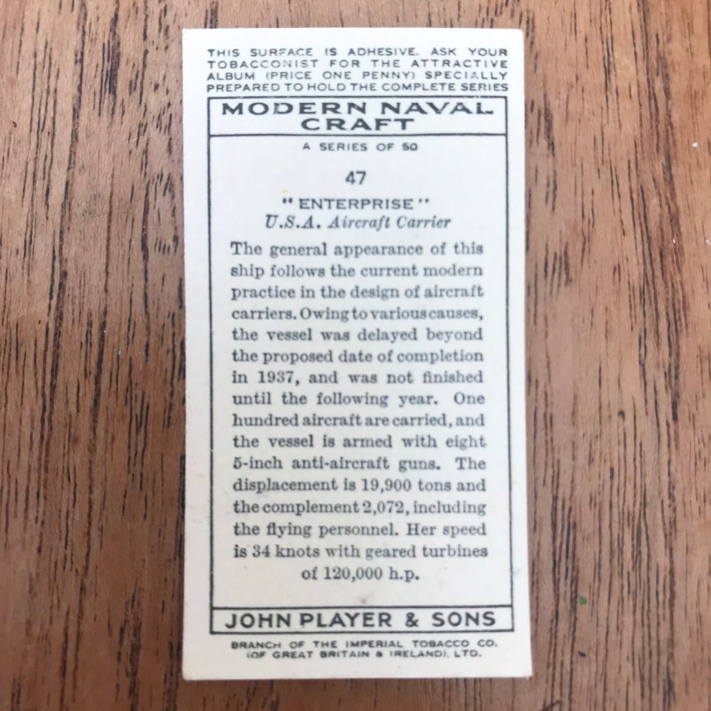 Modern Naval Craft. Players Cigarette Cards. 1939. Sold individually - take your pick. 1930s navy memorabilia.