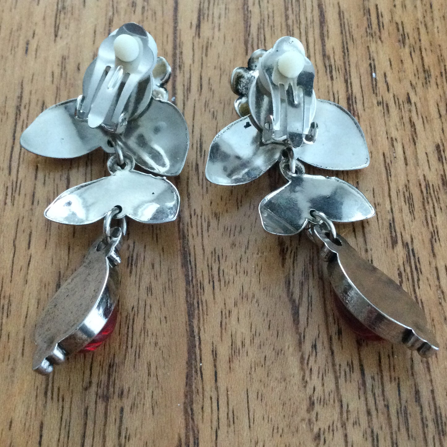 Statement Clip On Dangly Earrings. Silver Coloured With Red Stones. Party. Flower & Leaf Design