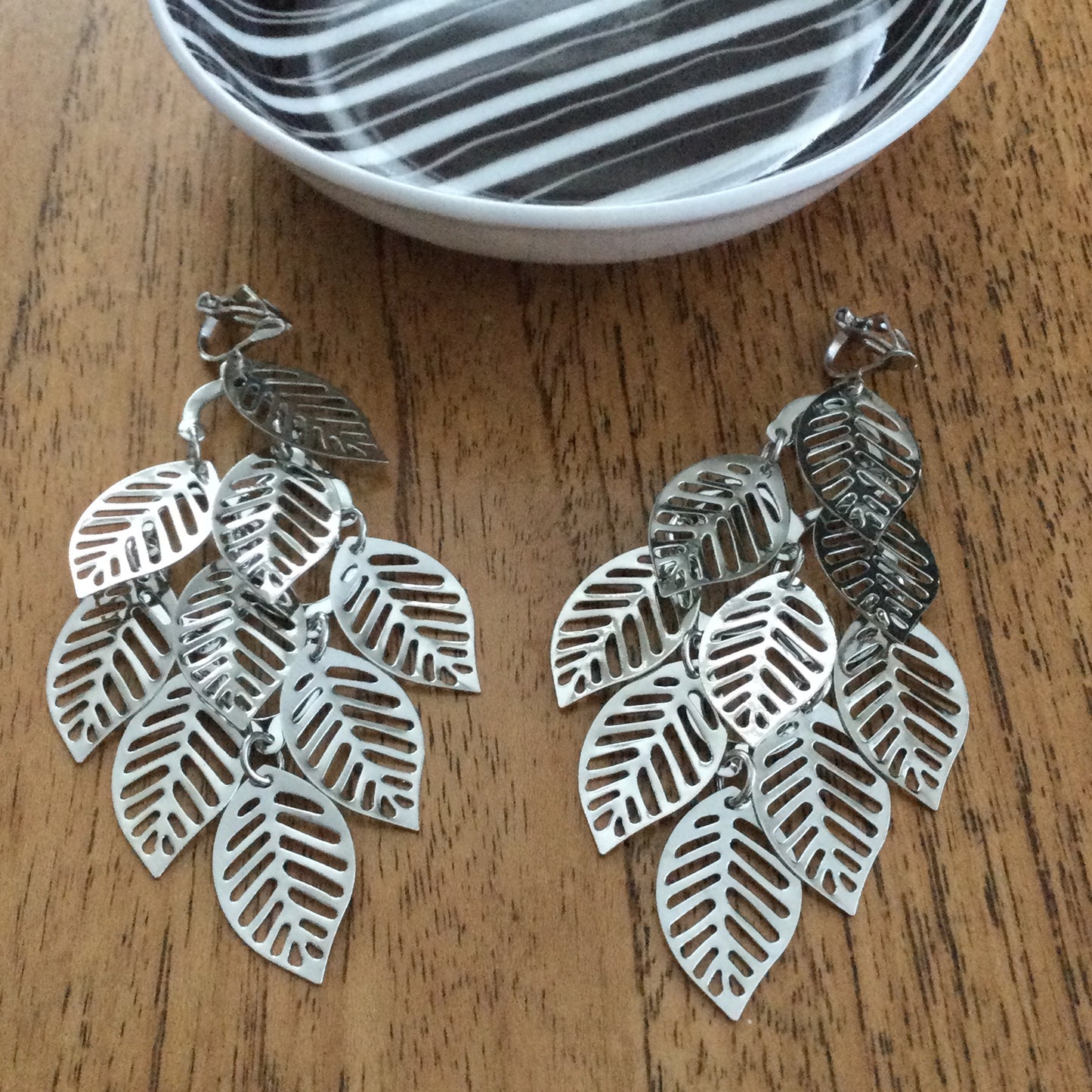 Statement Clip On Long Dangly Earrings. Silver Coloured Leaf Design. Party Jewellery. Jangly.