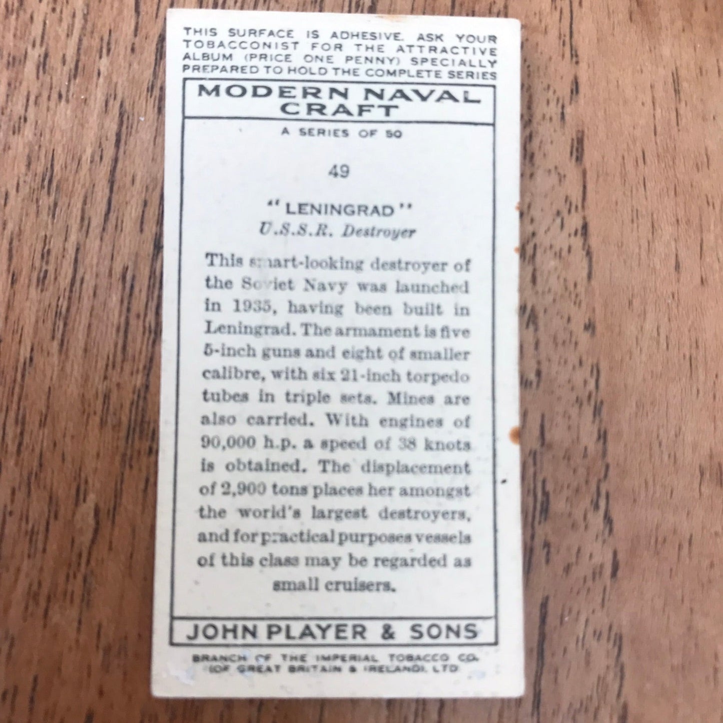 Modern Naval Craft. Players Cigarette Cards. 1939. Sold individually - take your pick. 1930s navy memorabilia.
