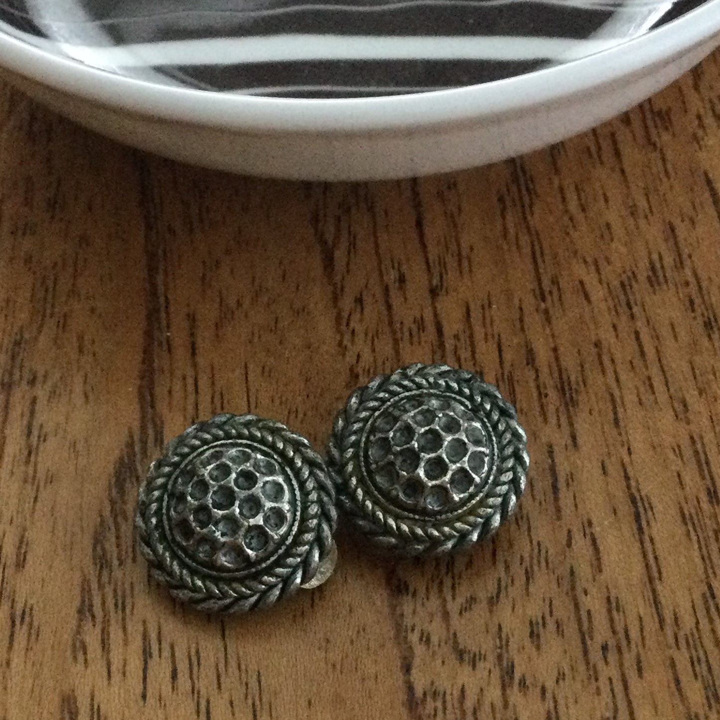 Vintage Clip On Pewter Colour Button Stud Earrings. Round With Rope Style Edge. Dress Up Or Down