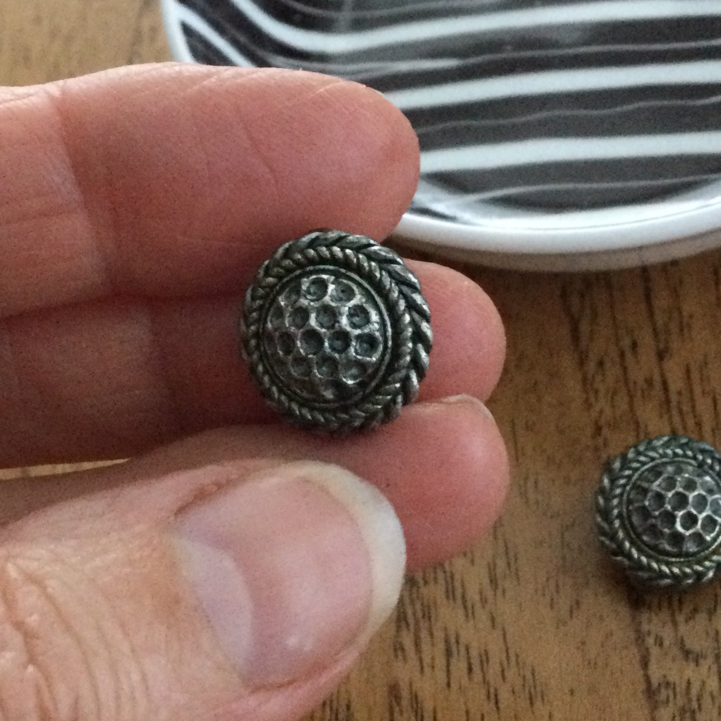 Vintage Clip On Pewter Colour Button Stud Earrings. Round With Rope Style Edge. Dress Up Or Down