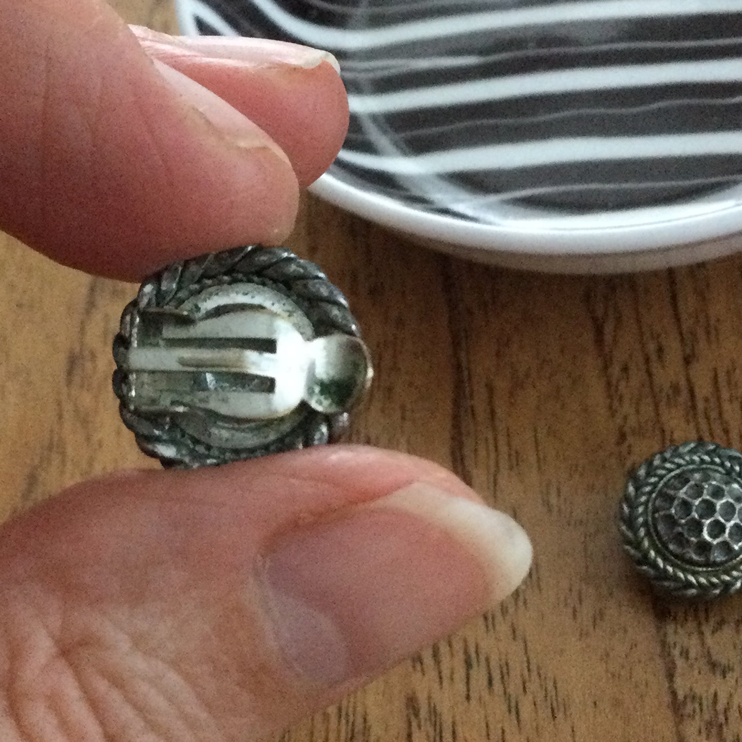Vintage Clip On Pewter Colour Button Stud Earrings. Round With Rope Style Edge. Dress Up Or Down