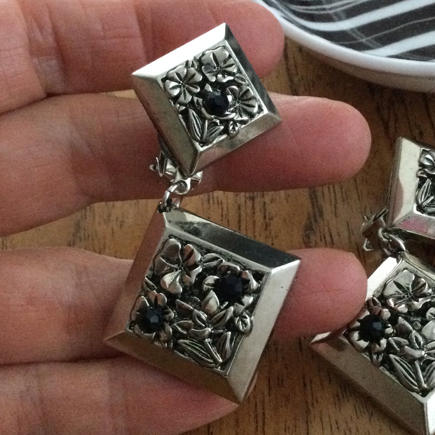 Statement Clip On Dangly Earrings. Silver Coloured With Black Stones. Party. Geometric Flower Design