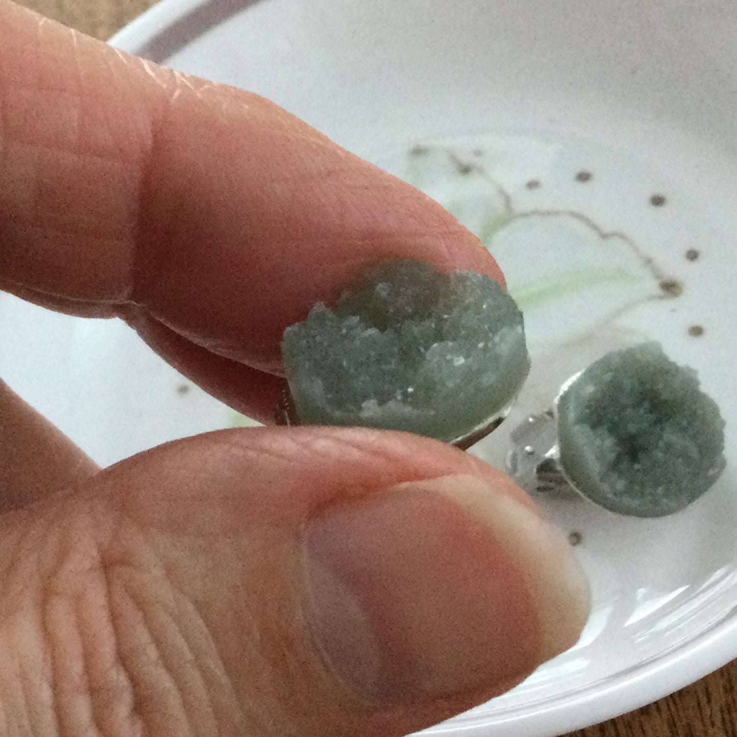 Clip On Muted Green Button Stud Earrings. Quartz Stone Effect. Subtle Sparkle.