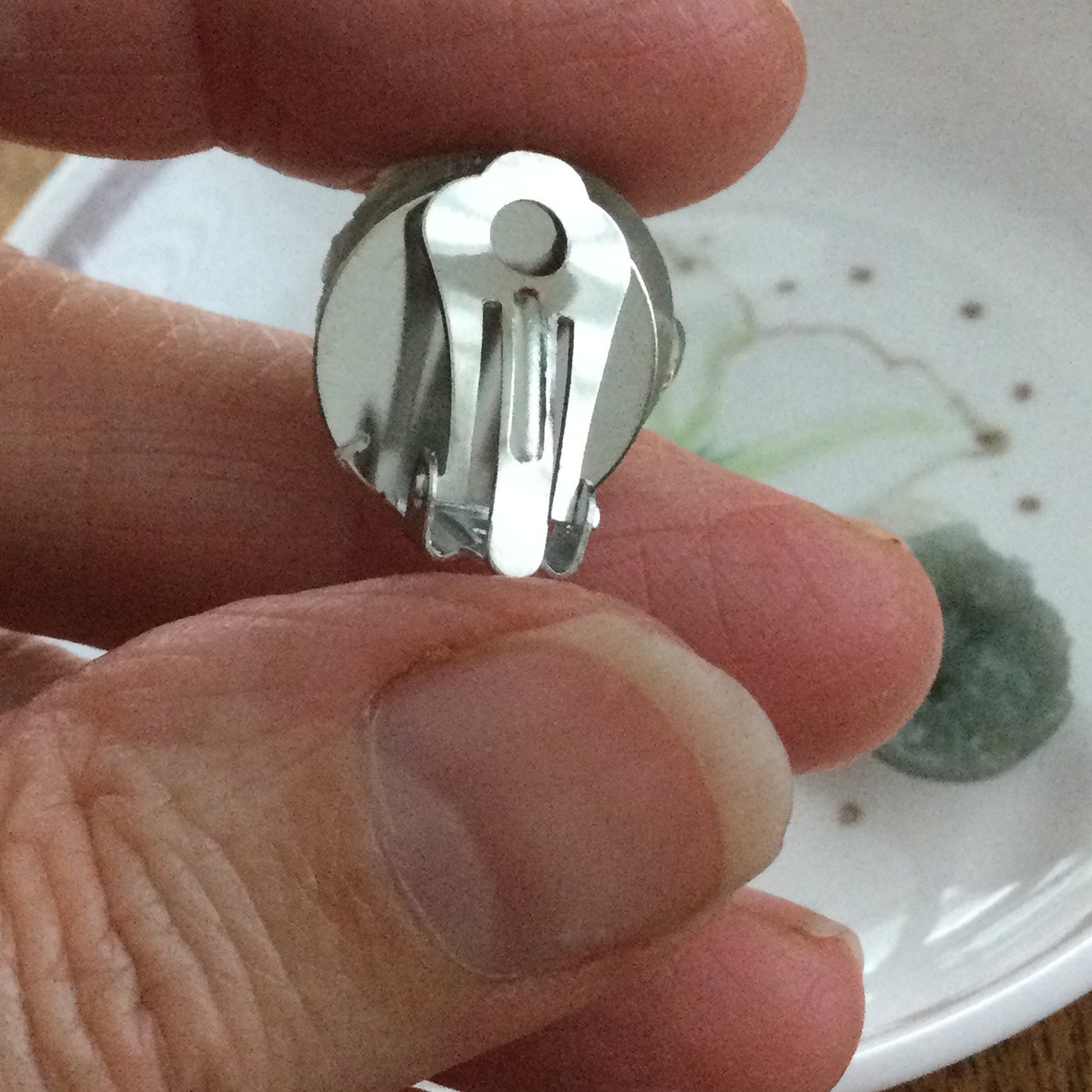 Clip On Muted Green Button Stud Earrings. Quartz Stone Effect. Subtle Sparkle.