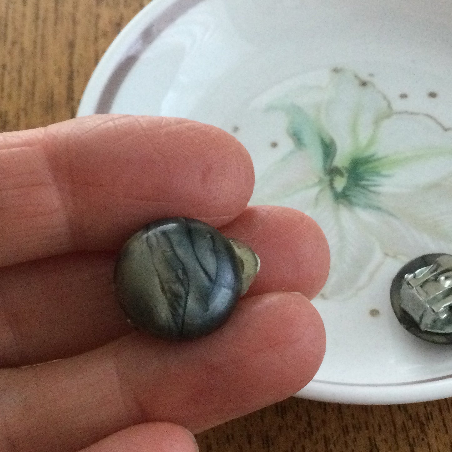 Clip On Greeny Grey Button Stud Earrings. Marble Effect. Round. Iridescent.