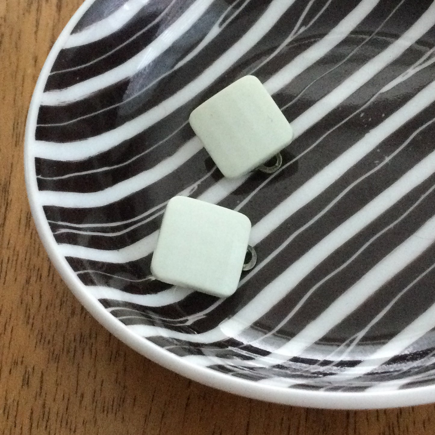 Clip-On White Plastic Square Button Stud Earrings - Faceted Surface Which Catches The Light.