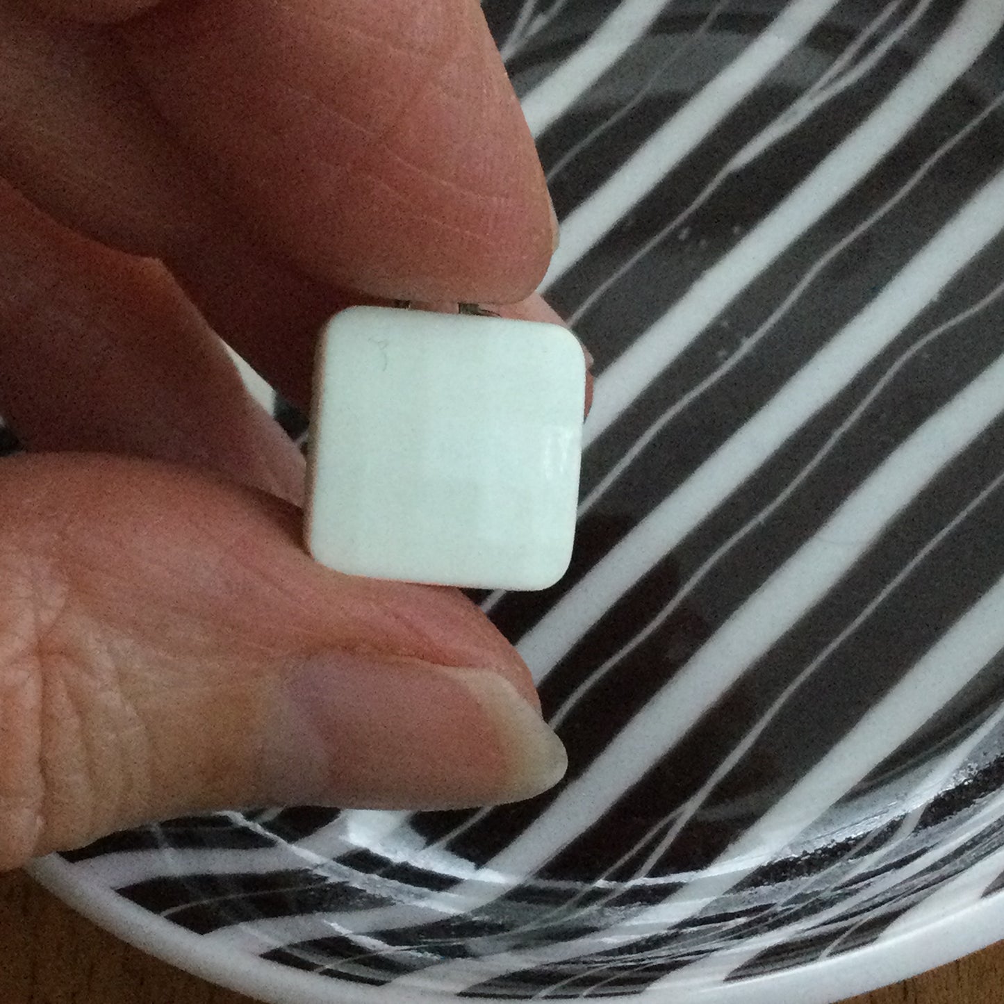 Clip-On White Plastic Square Button Stud Earrings - Faceted Surface Which Catches The Light.