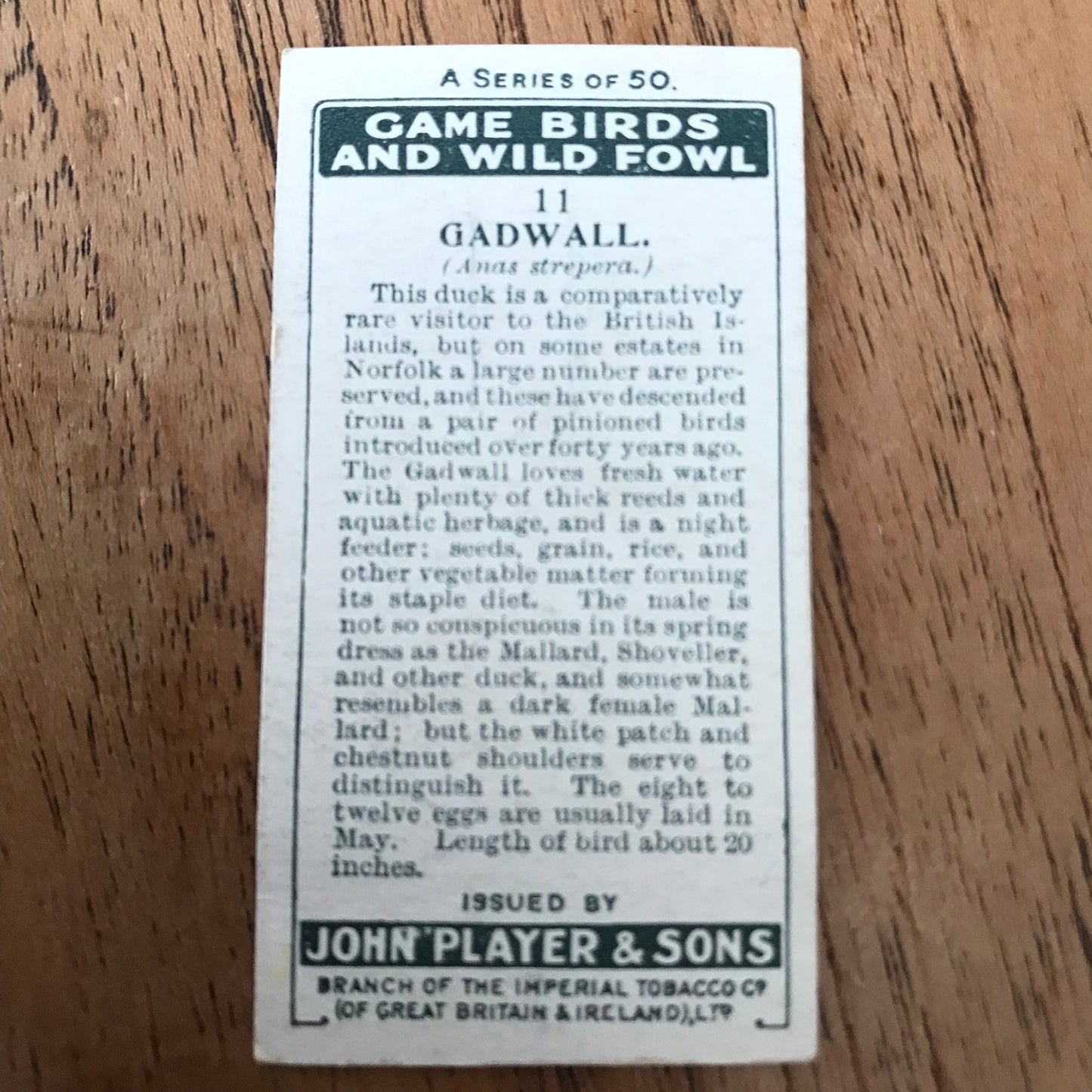 Players Cigarette Cards 'Game Birds and Wild Fowl' 1927 Sold individually - take your pick.