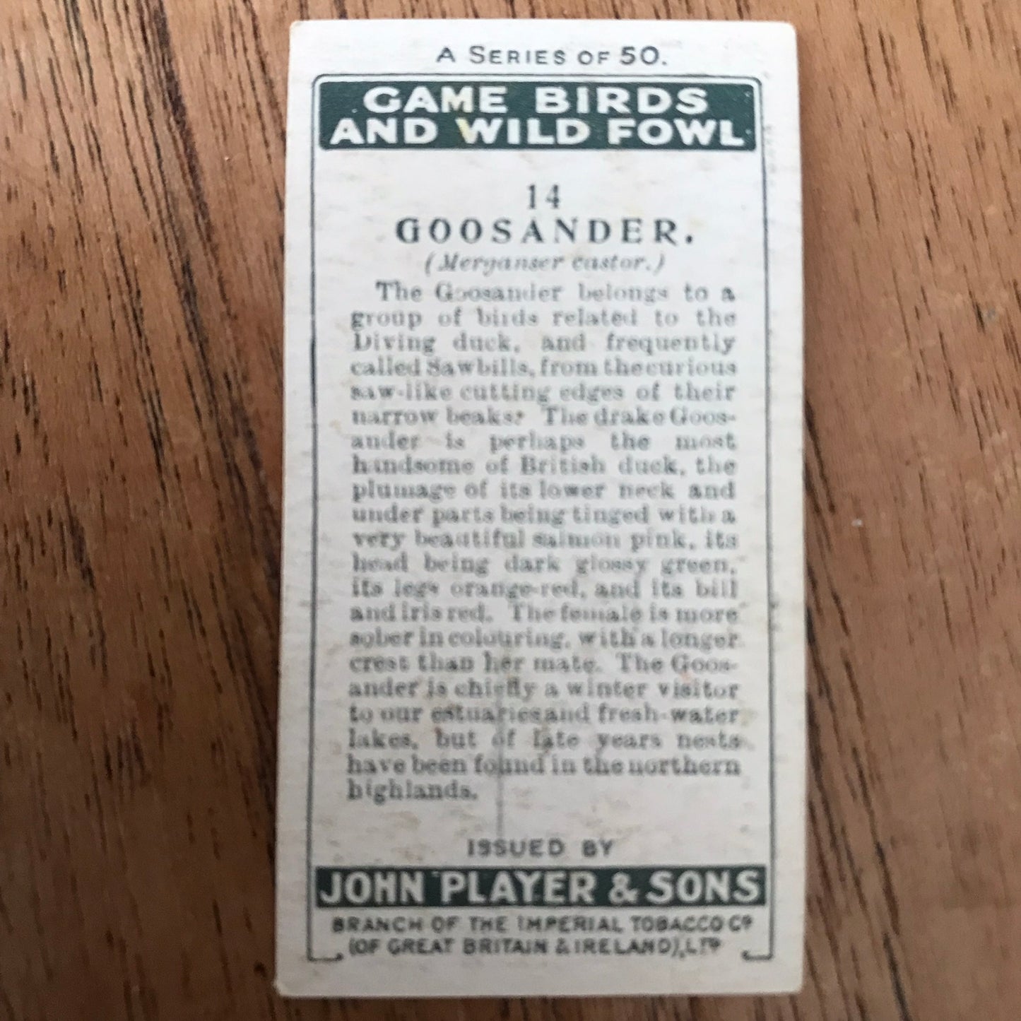 Players Cigarette Cards 'Game Birds and Wild Fowl' 1927 Sold individually - take your pick.