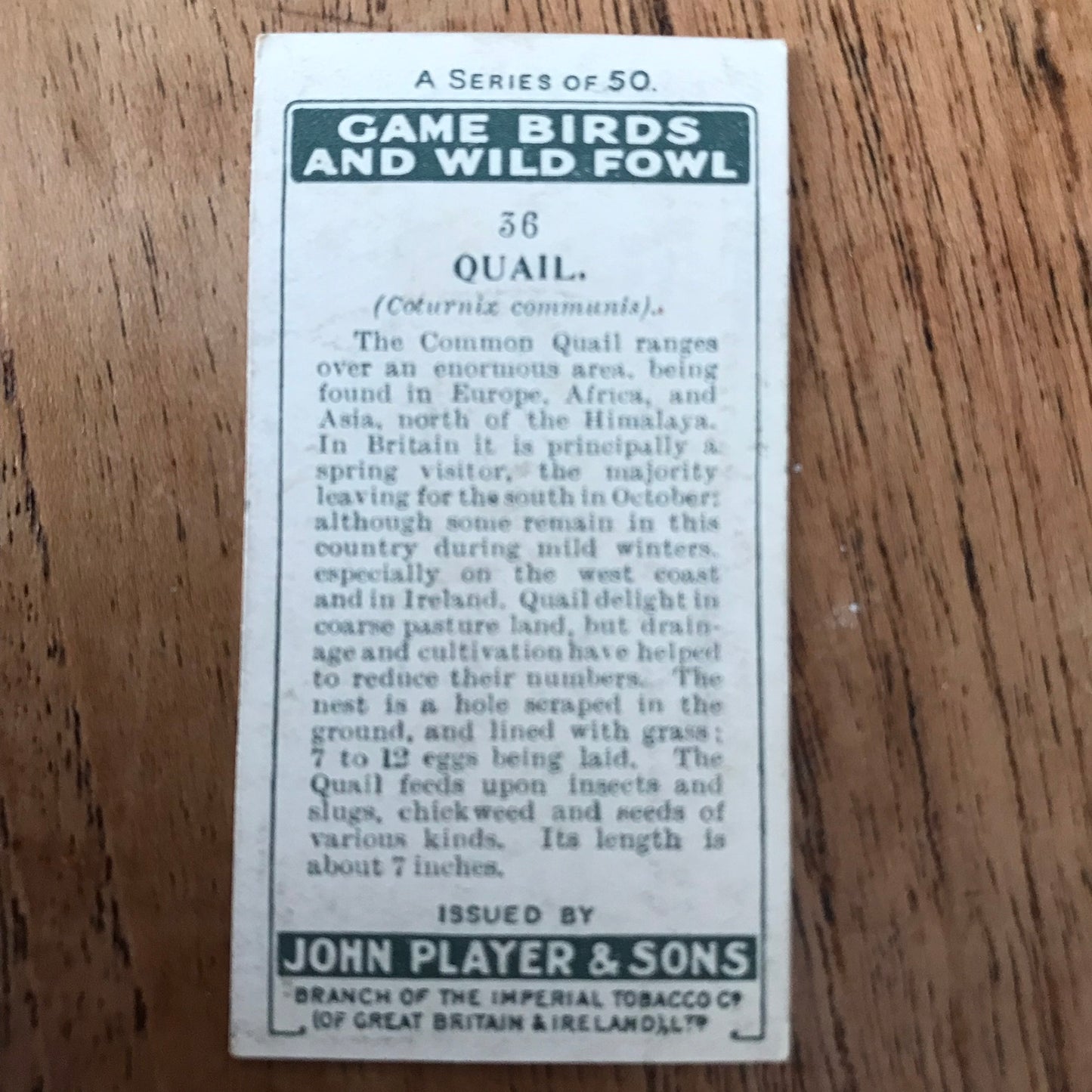 Players Cigarette Cards 'Game Birds and Wild Fowl' 1927 Sold individually - take your pick.