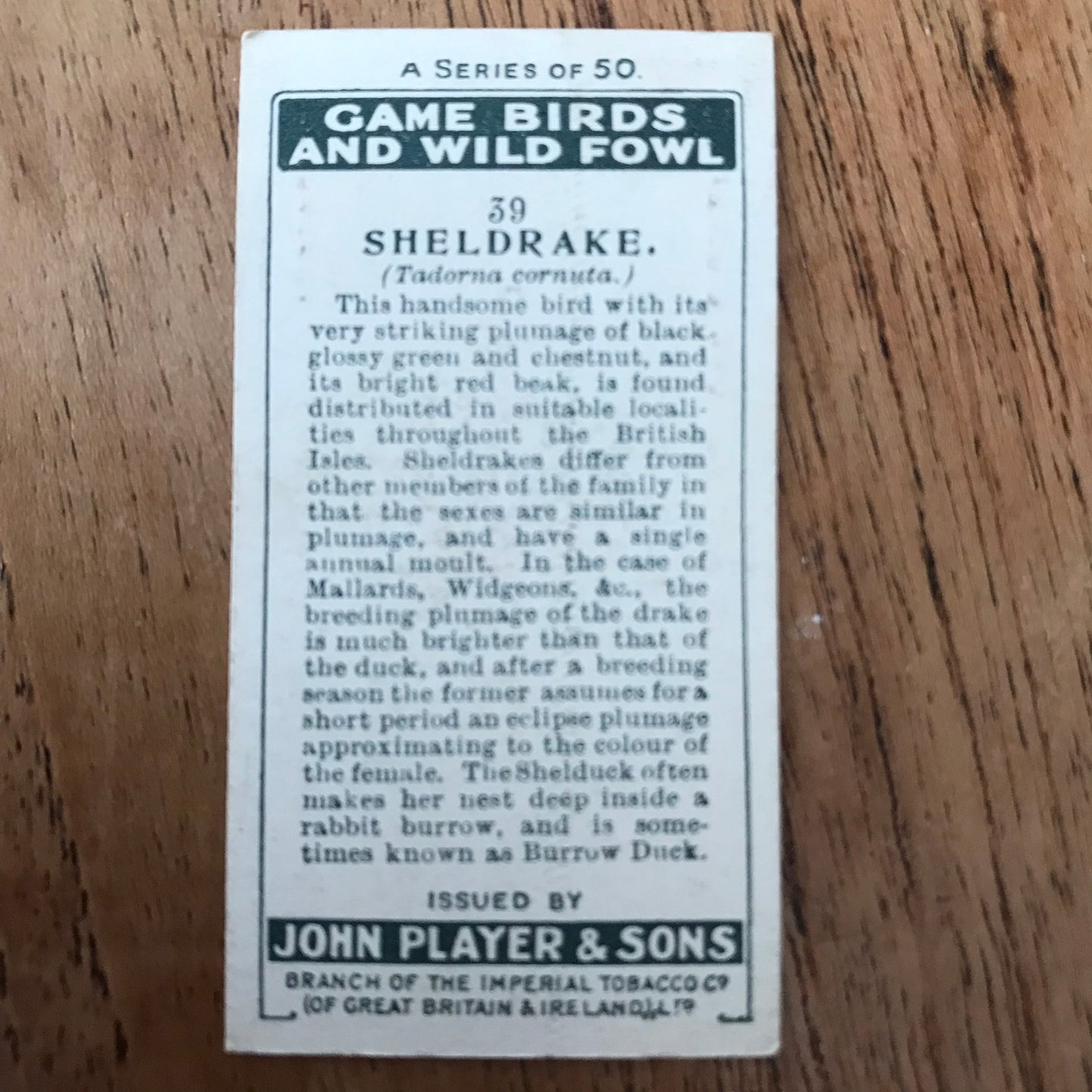 Players Cigarette Cards 'Game Birds and Wild Fowl' 1927 Sold individually - take your pick.