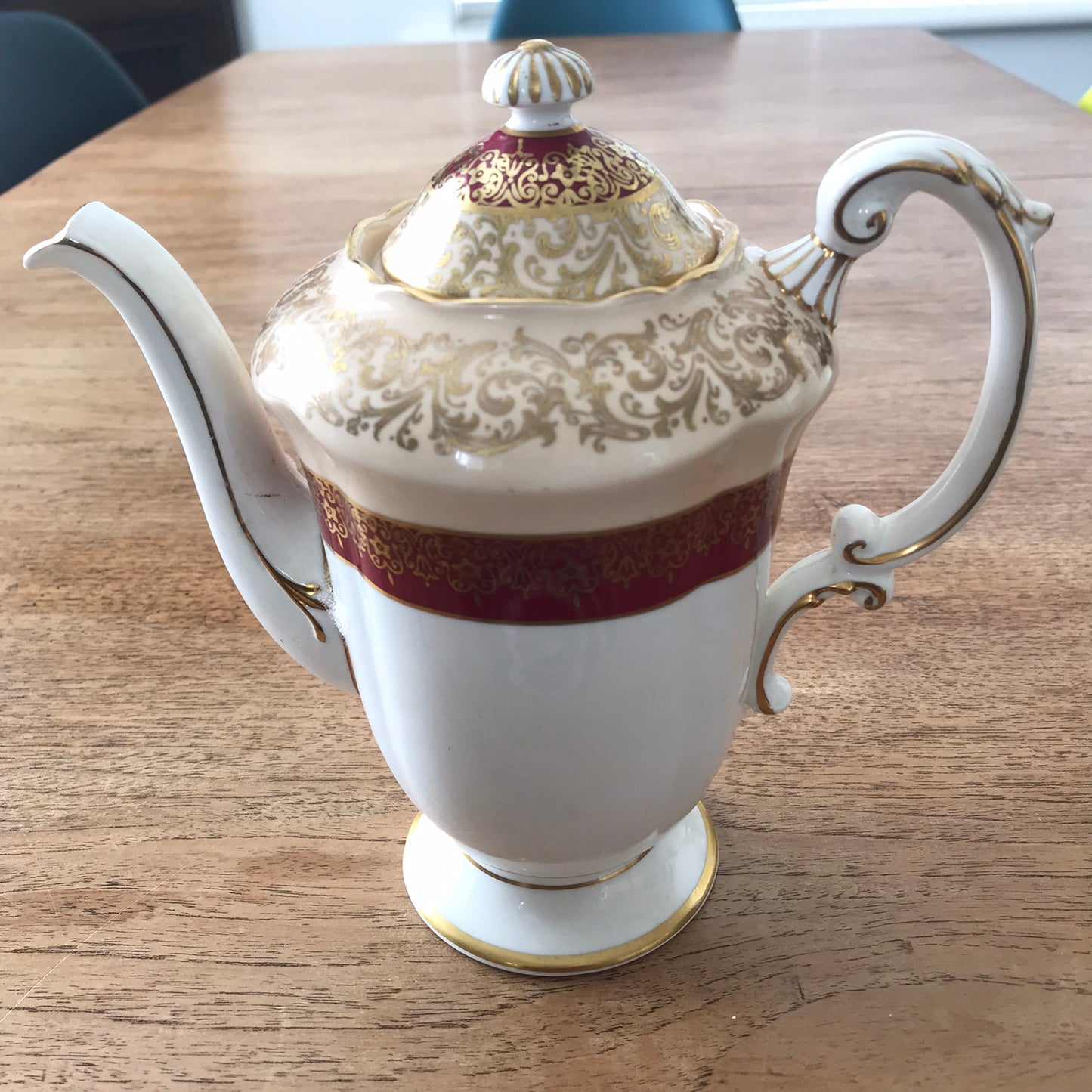 Vintage Paragon coffee pot. White, cream, burgundy and gold. Ornate design. Fancy handle and spout.