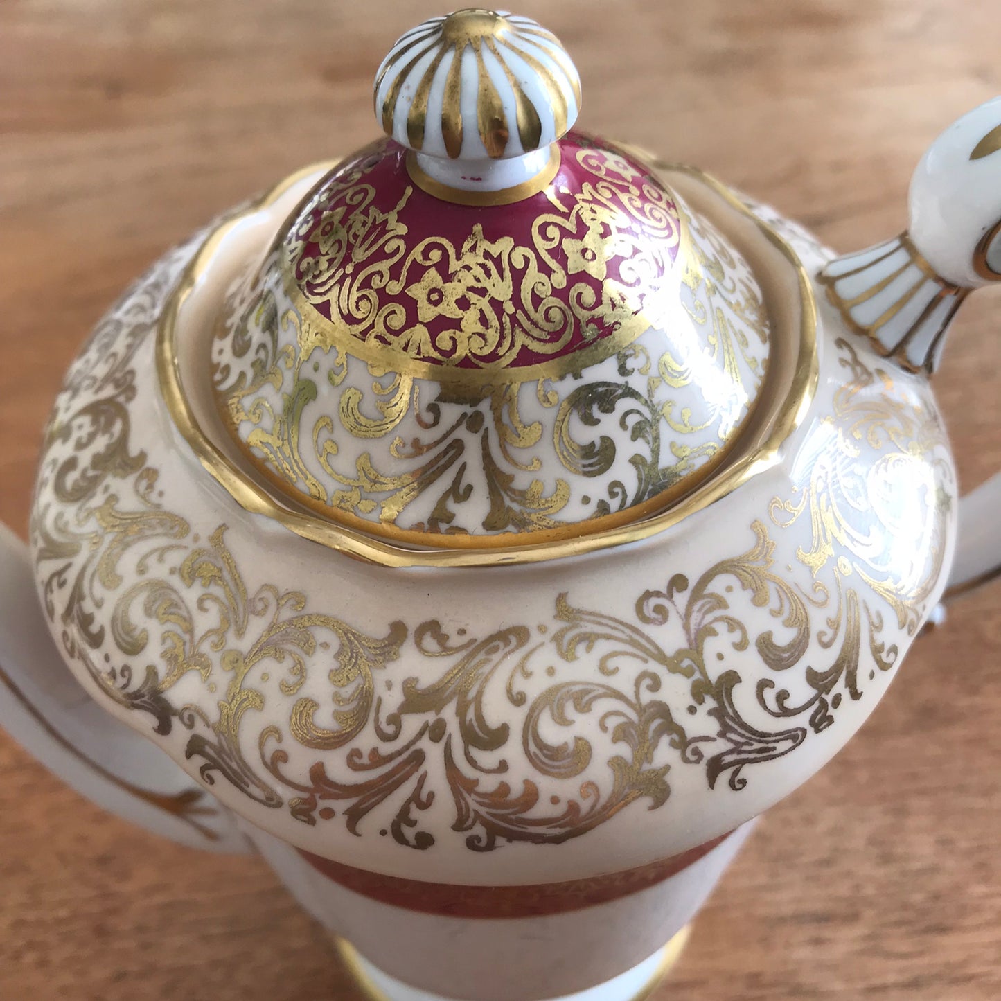 Vintage Paragon coffee pot. White, cream, burgundy and gold. Ornate design. Fancy handle and spout.