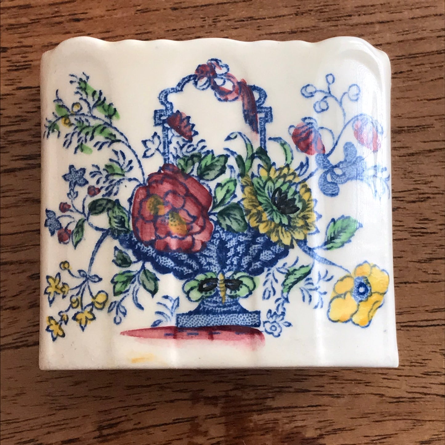 Vintage Mason's 'Strathmore' Ironstone toothpick / matchstick / cocktail stick holder. Blue pink yellow floral.