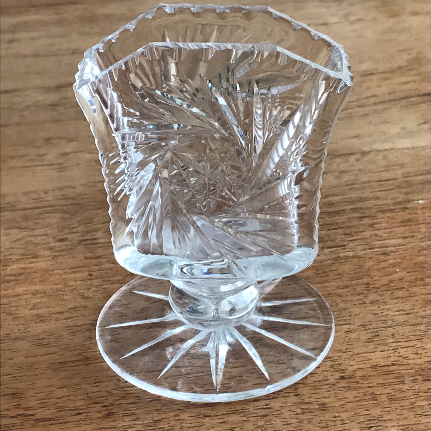 Vintage stemmed glass spill vase / toothpick / cocktail stick holder. Cotton bud holder. Cut glass effect.