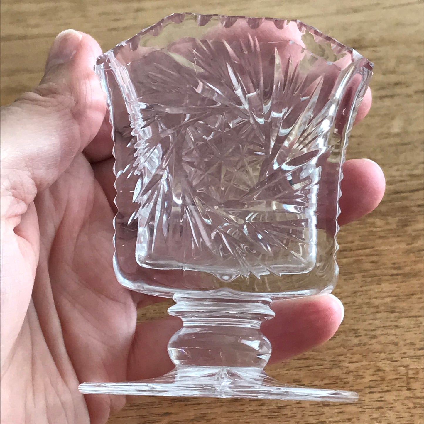 Vintage stemmed glass spill vase / toothpick / cocktail stick holder. Cotton bud holder. Cut glass effect.