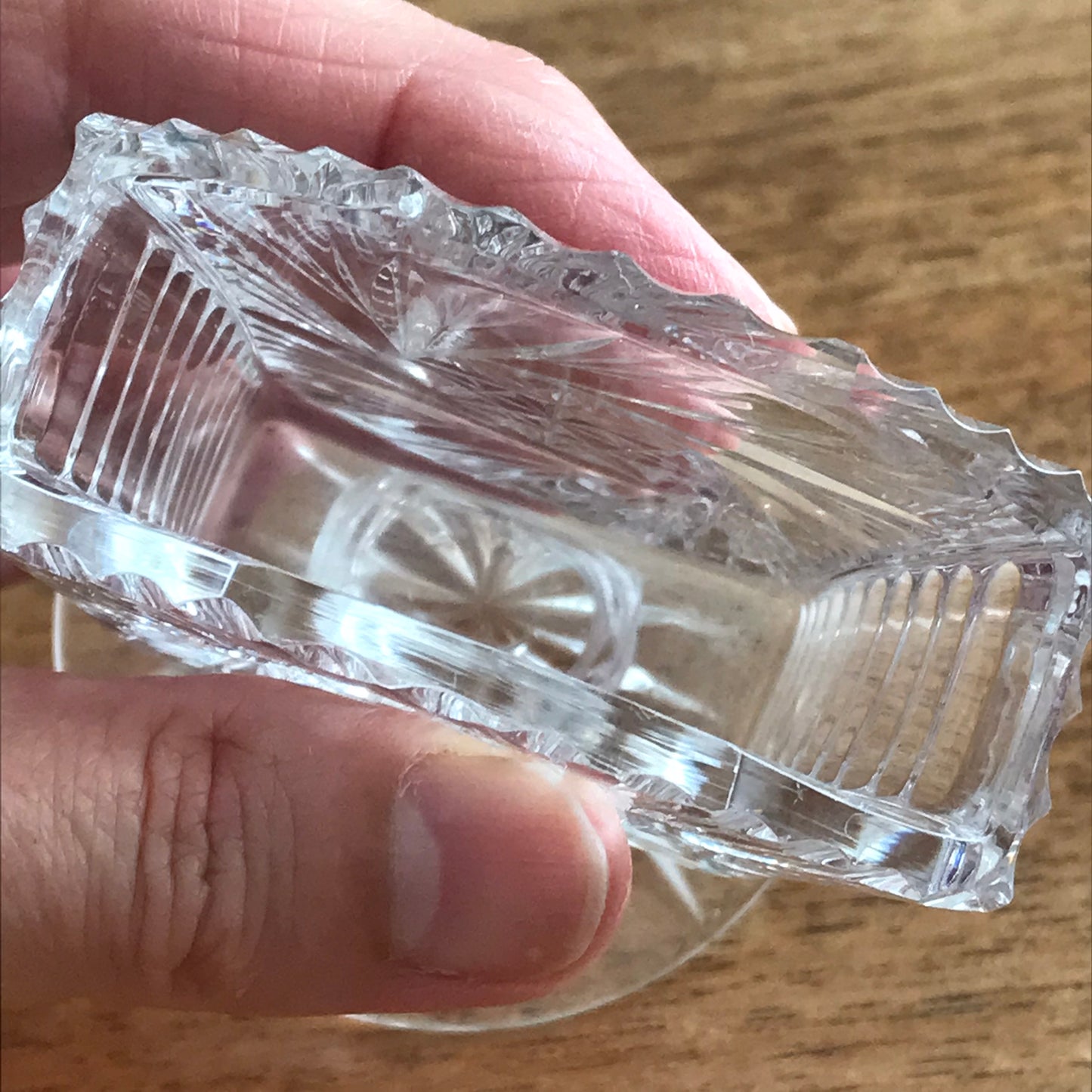 Vintage stemmed glass spill vase / toothpick / cocktail stick holder. Cotton bud holder. Cut glass effect.