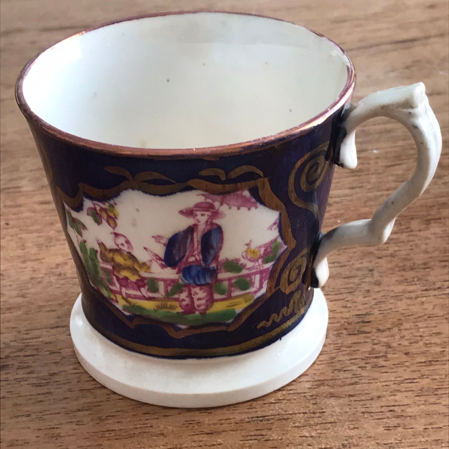 Antique Victorian Porcelain Gaudy Welsh Coffee Cup / Child's Mug. c1830s 1850s. Chinoiserie pattern.