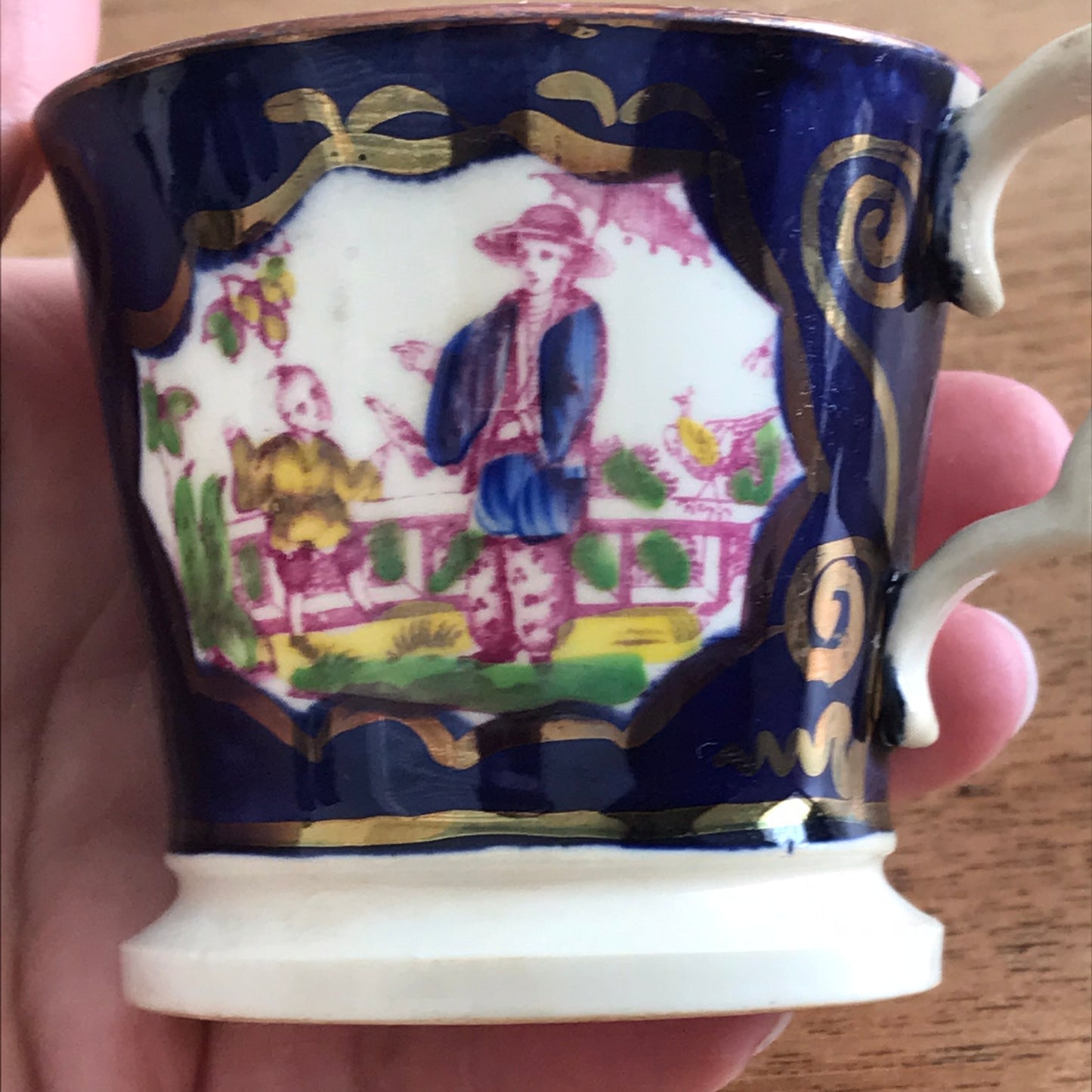 Antique Victorian Porcelain Gaudy Welsh Coffee Cup / Child's Mug. c1830s 1850s. Chinoiserie pattern.